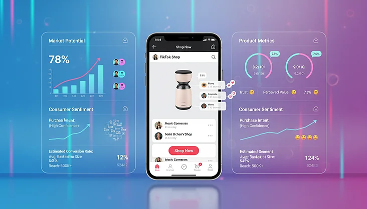 A product research dashboard and product concept visuals for TikTok Shop validation